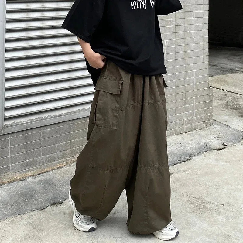 HOUZHOU Vintage Baggy Cargo Pants Men Cotton Wide Leg Trousers Male Oversize Retro Loose Casual Japanese Streetwear Hip Hop