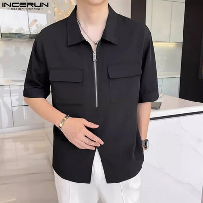 INCERUN Tops 2023 Korean Style New Men Half Zip Lapel Pocket Shirts Casual Streetwear Male Solid Short Sleeve Lapel Blouse S-5XL