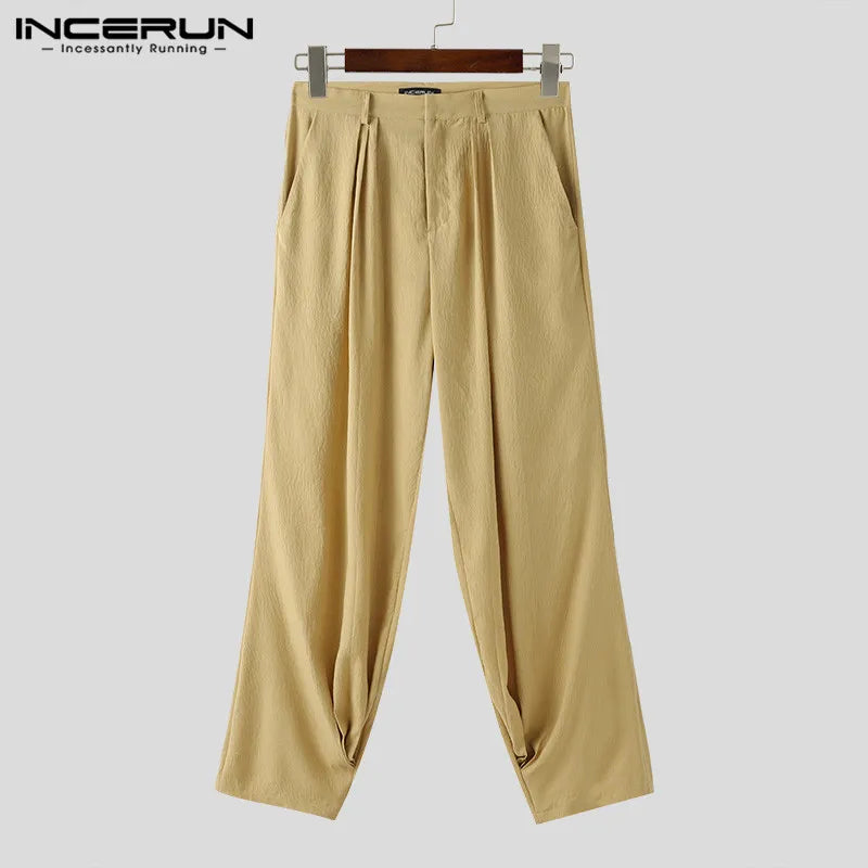 INCERUN 2024 Korean Style New Men Trousers Pleated Solid Color Long Pants Casual Streetwear Male Loose All-match Pantalons S-5XL