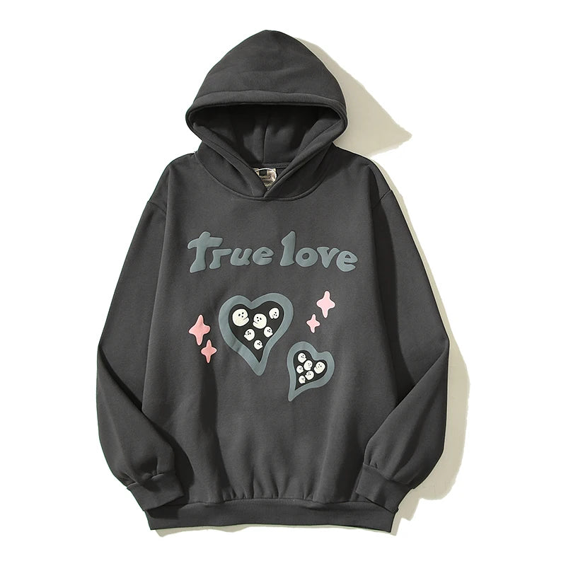 True Love is Hard to Find Foam Broken Hooded Hoodies for Men Streetwear Loose Casual Fleece Sweatshirts Unisex Pullover Hoody