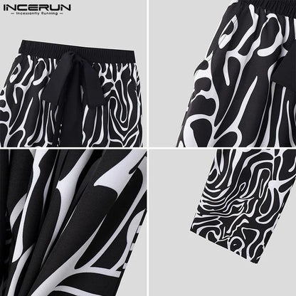 INCERUN 2024 Korean Style Pantalons Men Simple Irregular Fluid Printed Lace Up Long Pant Casual Well Fitting Male Trousers S-5XL