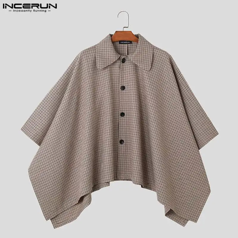 Mode Casual Style Tops INCERUN Hübsche Männer Plaid Silhouette Schräge Knopfleiste Trenchcoat Streetwear Männlich Lose Revers Cape Einheitsgröße