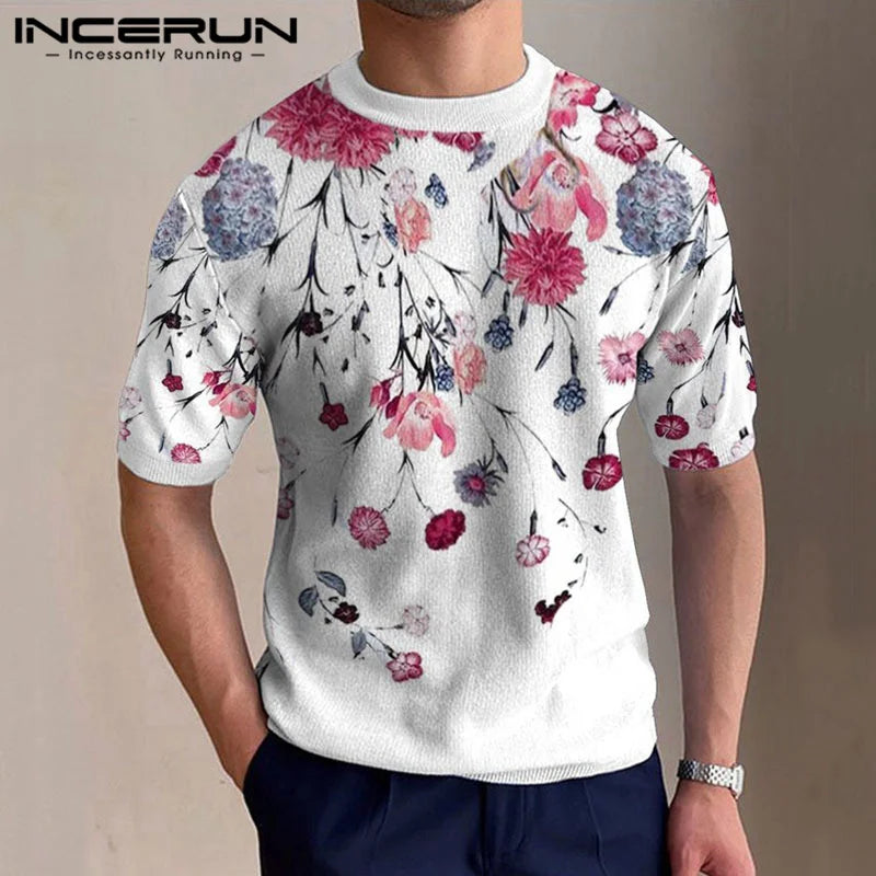 INCERUN Tops 2023 Korean Style New Men's Fashion Plant Printing T-shirts Casual Streetwear Male Round Neck Short Sleeve Camiseta