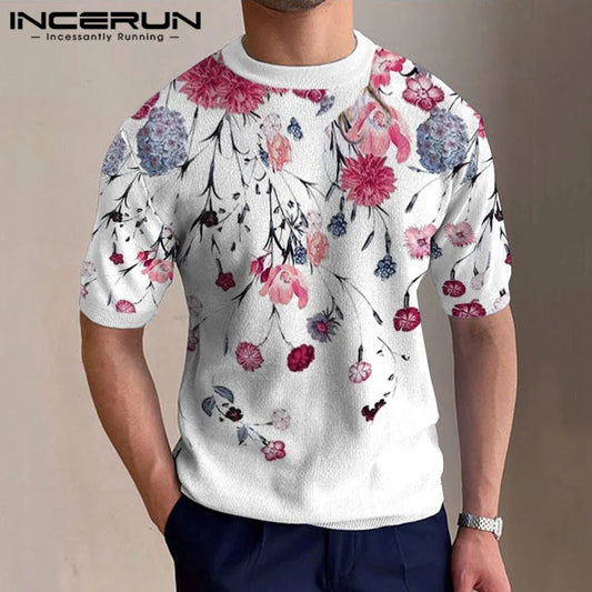 INCERUN Tops 2023 Korean Style New Men's Fashion Plant Printing T-shirts Casual Streetwear Male Round Neck Short Sleeve Camiseta