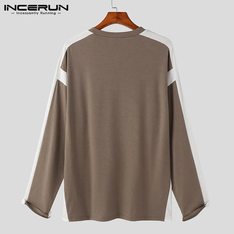 Handsome Well Fitting Tops INCERUN Men's Color Contrast Design T-Shirts Casual Stylish Male All-match Long Sleeve Camiseta S-5XL