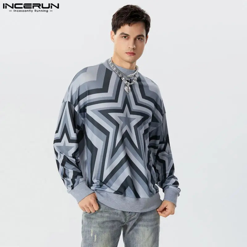 Fashion Handsome Men's Tops INCERUN Hot Sale Gradient Star Printed Pullover Casual High Neck Pullover Long Sleeved Sweater S-5XL