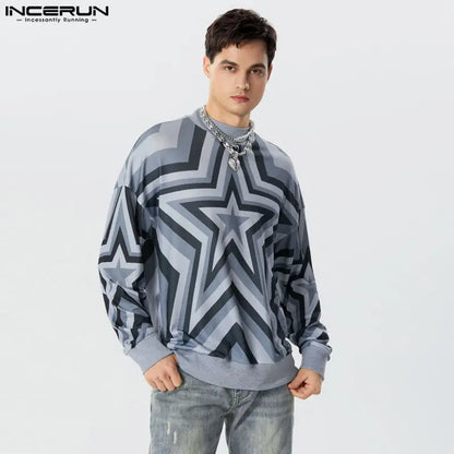 Fashion Handsome Men's Tops INCERUN Hot Sale Gradient Star Printed Pullover Casual High Neck Pullover Long Sleeved Sweater S-5XL