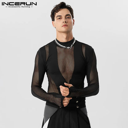 INCERUN Men Bodysuits Mesh Patchwork Transparent Turtleneck Long Sleeve Sexy Rompers T Shirt Men 2023 Fitness Party Bodysuits