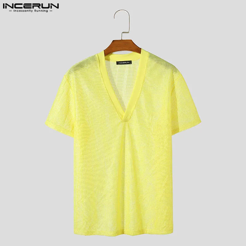 INCERUN Tops 2024 Korean Style Fashion Men Breathable Mesh T-shirts Casual Simple Male Solid V-neck Short Sleeved Camiseta S-5XL