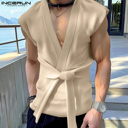 INCERUN 2024 Korean Style New Mens Stylish Texture V-neck Belt Design Vests Summer Leisure Streetwear Sleeveless Tank Tops S-5XL