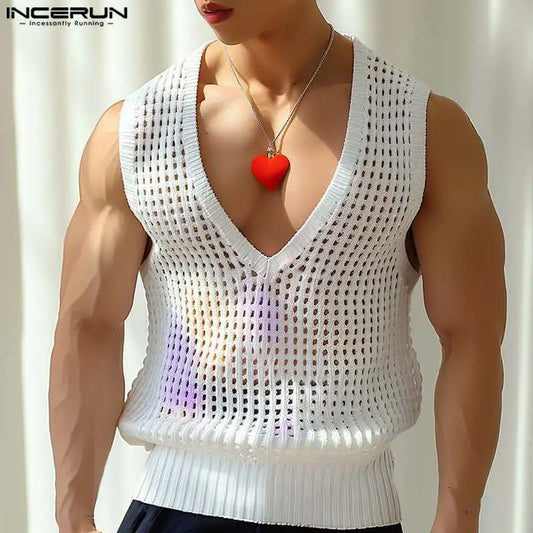 Summer Fashion Tops INCERUN Men's Hollowed Mesh V-neck Sleeveless Vests Male Sexy Casual Streetwear Hot Selling Tank Tops S-5XL