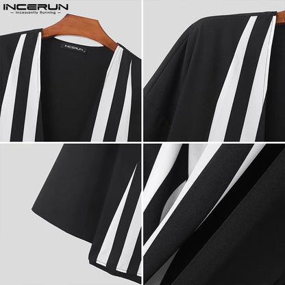 INCERUN Tops 2024 Korean Style New Men's Loose Striped Contrast Shirts Male Casual Streetwear Long Sleeved Cardigan Blouse S-5XL