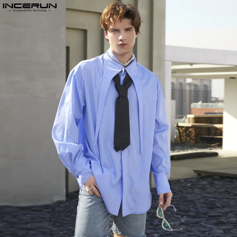 INCERUN Tops 2024 American Style Handsome Mens Long Neck Striped Design Shirts Fashion Streetwear Male Long Sleeved Blouse S-5XL