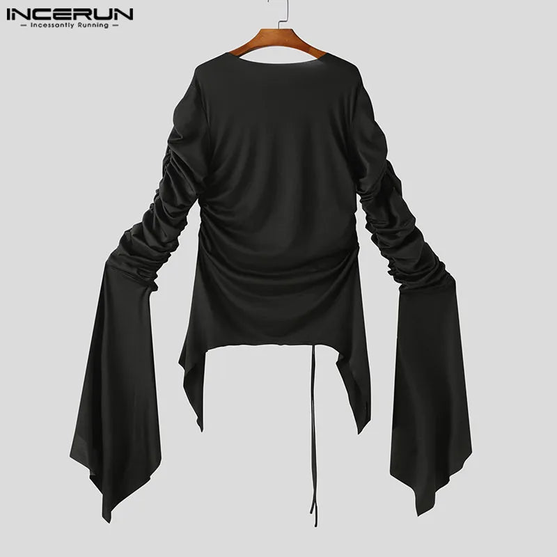 INCERUN Tops 2024 American Style New Men's Pleated Long Ribbon Design T-shirts Fashion Casual Solid Long Sleeved Camiseta S-5XL