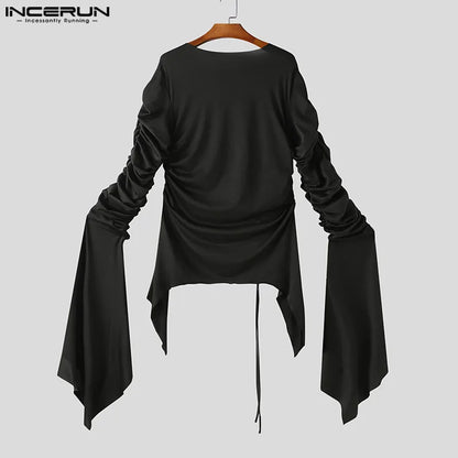 INCERUN Tops 2024 American Style New Men's Pleated Long Ribbon Design T-shirts Fashion Casual Solid Long Sleeved Camiseta S-5XL