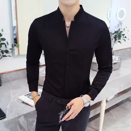 2024 Frühling 3 Farbe Stehkragen Hemd Hohe Qualität Männer Langarm Slim Fit Casual Shirt Schwarz Weiß Rot Business Kleid Shirts