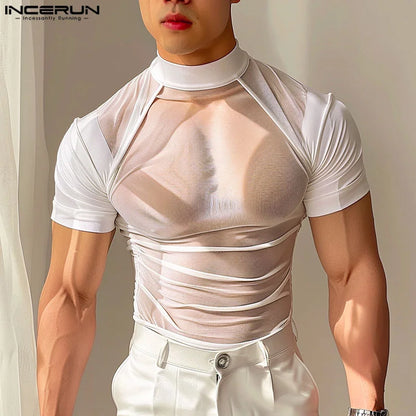 INCERUN Tops 2024 Koreanische Stil Neue Männer Sexy Mesh Sehen Durch T-shirts Mode Männlichen Hälfte Stehkragen Kurzarm camiseta S-5XL