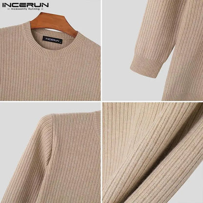 INCERUN Tops 2024 Stylis New Men Tight Fitting Solid Striped Pullover Casual Comfortable Male O-neck Long Sleeved Sweaters S-5XL