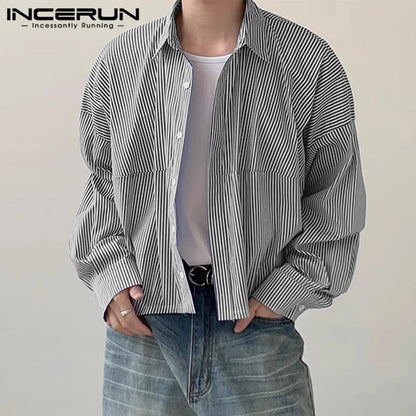 INCERUN Tops 2024 Koreanischen Stil Hübsche Männer Einfache Dünne Streifen Design Shirts Casual Streetwear Revers Langarm Bluse S-5XL