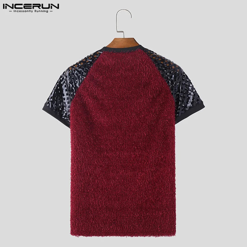 INCERUN Tops 2024 American Style New Mens Hollow Patchwork Suede Design T-shirts Casual Personality Short Sleeved Camiseta S-5XL