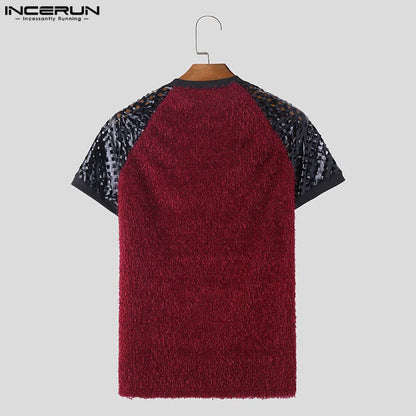 INCERUN Tops 2024 Style américain Nouveaux hommes creux Patchwork daim conception T-shirts personnalité décontractée à manches courtes Camiseta S-5XL