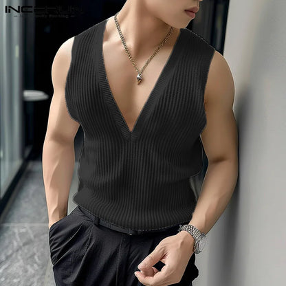 INCERUN Tops 2024 Korean Style Men Deep V Vertical Stripe Knitted Hollow Tank Tops Casual Streetwear Thin Sleeveless Vests S-5XL