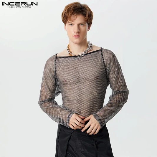 Sexy Fashionable Style Tops INCERUN Men Sparkling See-through Mesh Fabric T-shirt Male Hollow Design Long Sleeved Camiseta S-3XL