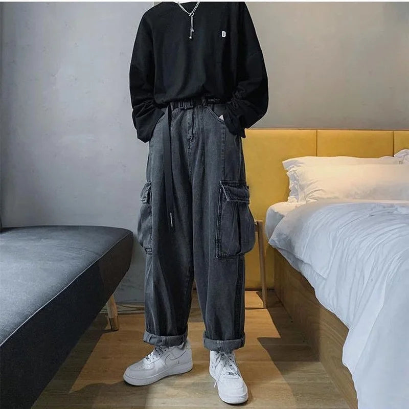 HOUZHOU Baggy-Jeans-Hose für Herren, Jeanshose, schwarze Hose mit weitem Bein, Jeans für Herren, lockere Freizeithose, koreanische Streetwear, Hip Hop, Harajuku