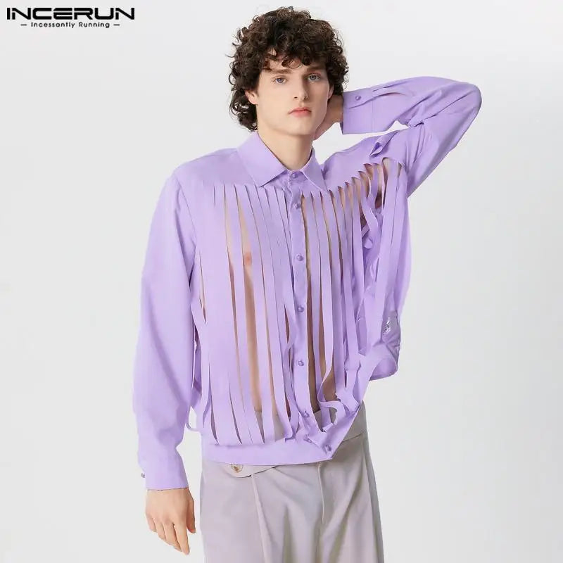 INCERUN Tops 2024 American Style Casual Men Solid Tassel Design Shirts Fashion Clubwear Hot Sale Long Sleeved Lapel Blouse S-5XL