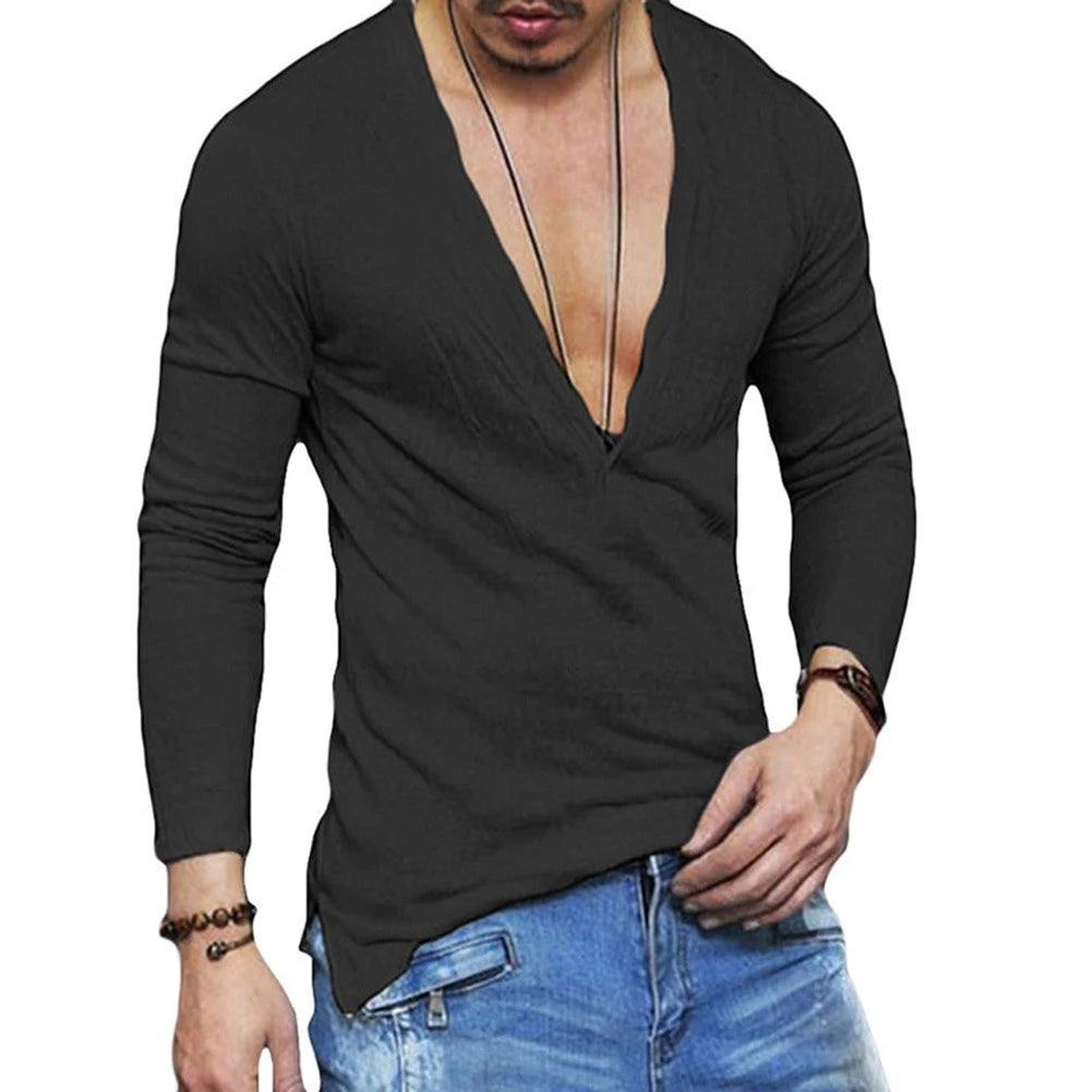 Herren T-Shirt Slim Fit Langarmshirt Einfarbig Tiefer V-Ausschnitt Knopfleiste Oberteile Muscle Tee Bluse Durchsichtige Hemden Lässige T-Shirts Tops