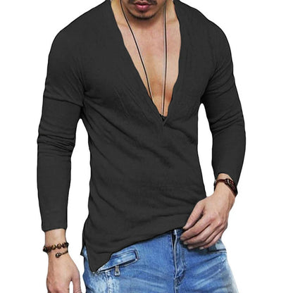 Herren T-Shirt Slim Fit Langarmshirt Einfarbig Tiefer V-Ausschnitt Knopfleiste Oberteile Muscle Tee Bluse Durchsichtige Hemden Lässige T-Shirts Tops