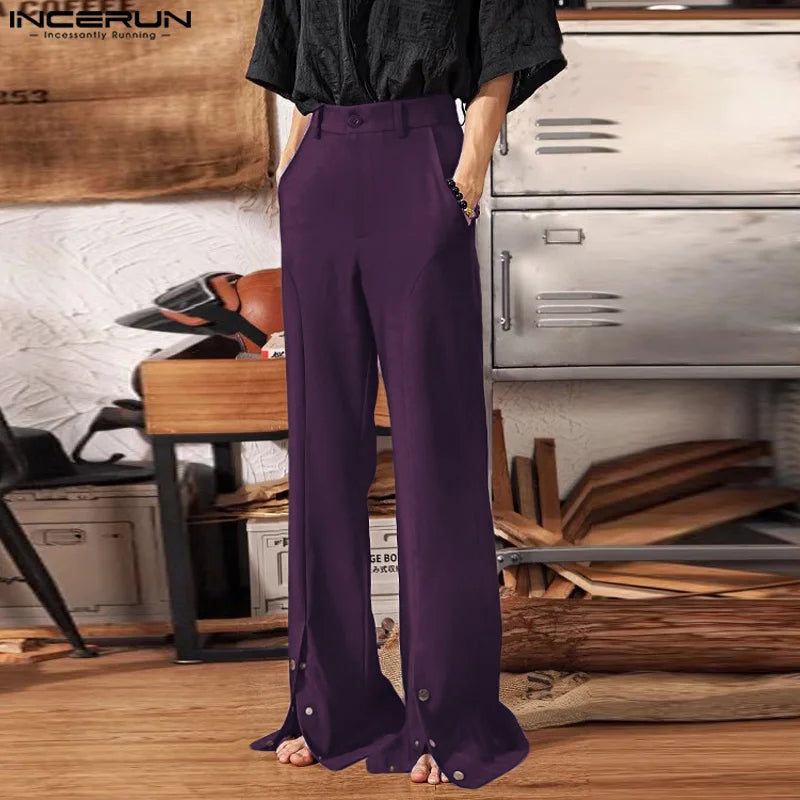 INCERUN 2024 Korean Style Pantalons Stylish New Men Metal Button Slit Long Pant Leisure Streetwear Loose Wide Leg Trousers S-5XL