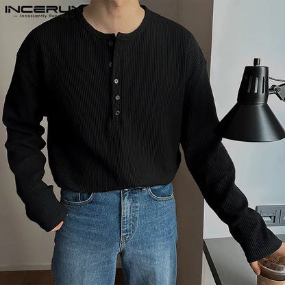 INCERUN Tops 2024 Korean Style Handsome Men Solid Half Open T-shirts Casual Well Fitting Male O-neck Long Sleeved Camiseta S-5XL