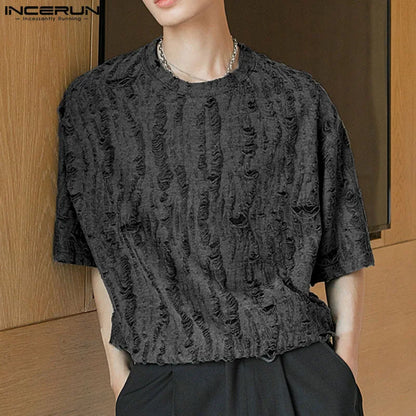 INCERUN Tops 2024 Korean Style New Men's Loose Hollow Thin Design T-shirts Casual Simple All-match Short Sleeved Camiseta S-5XL