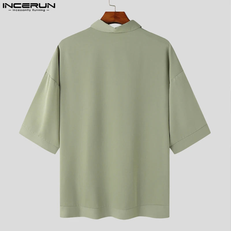 Casual Simple Style Tops INCERUN Handsome Men's All-match Shirts Fashion Well Fitting Male Lapel Short-sleeved Blouse S-5XL 2024