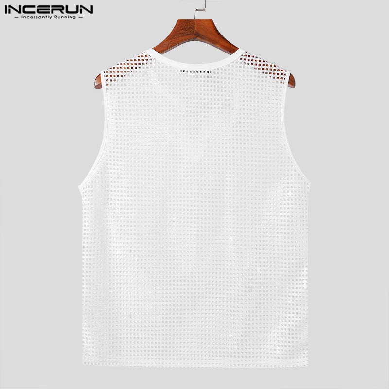 INCERUN Tops 2024 Korean Style New Men's Fashion V-neck Mesh Hollow Out Vests Casual Streetwear Male Sleeveless Tank Tops S-5XL