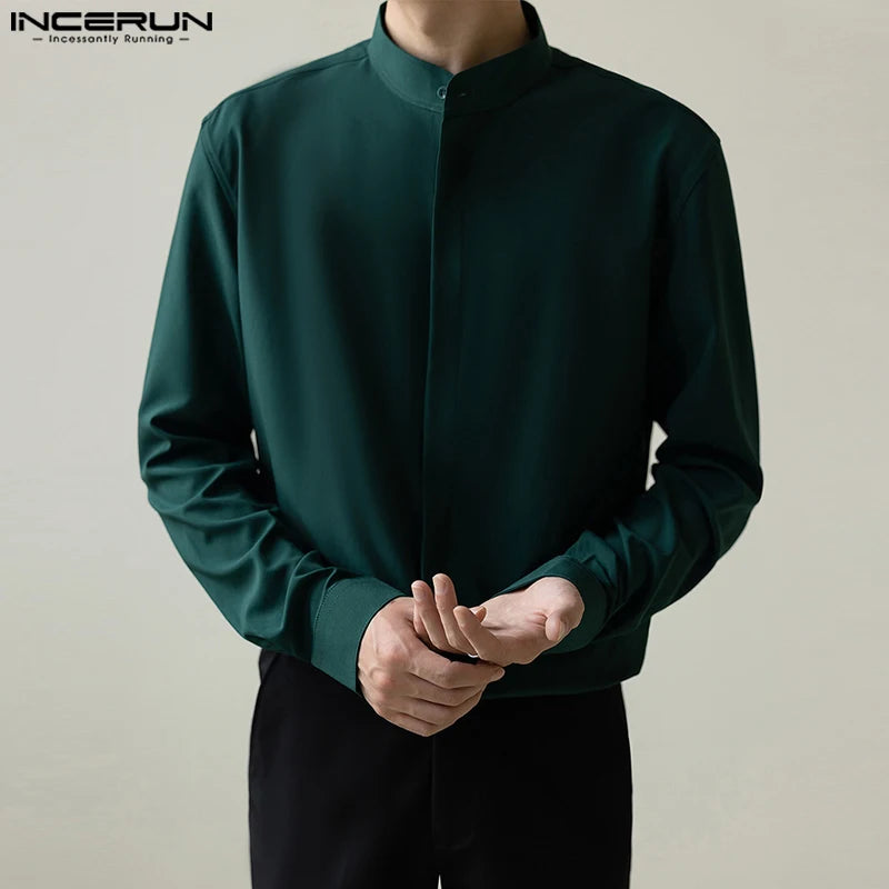 INCERUN Tops 2024 Korean Style Handsome Mens Simple Solid Stand Collar Design Shirts Casual Streetwear Long Sleeved Blouse S-5XL