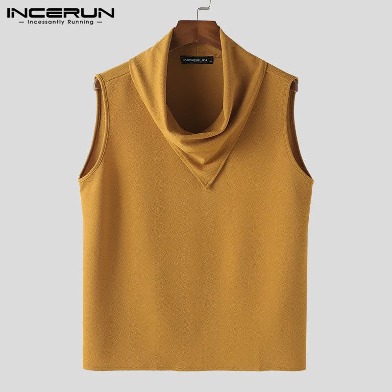 INCERUN Tops 2024 Korean Style Fashion New Men's Pile Neck Vests Casual Streetwear Solid Well Fitting Sleeveless Tank Tops S-5XL