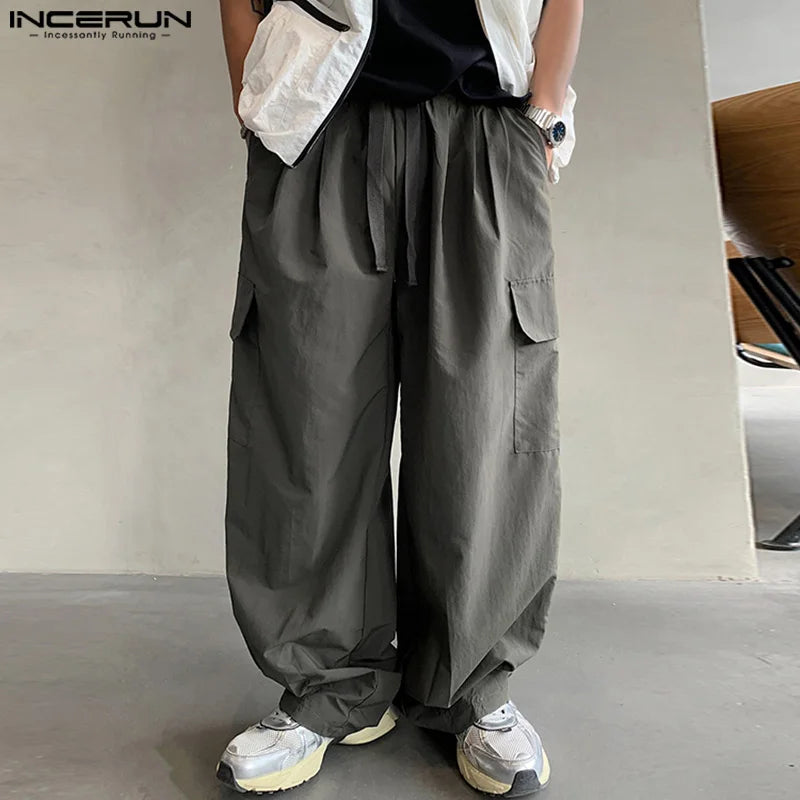 INCERUN 2024 Amerikanischen Stil Pantalons Männer Mode Lose Fracht Lange Hose Freizeit Streetwear Solide Taschen Breite Bein Hose S-5XL