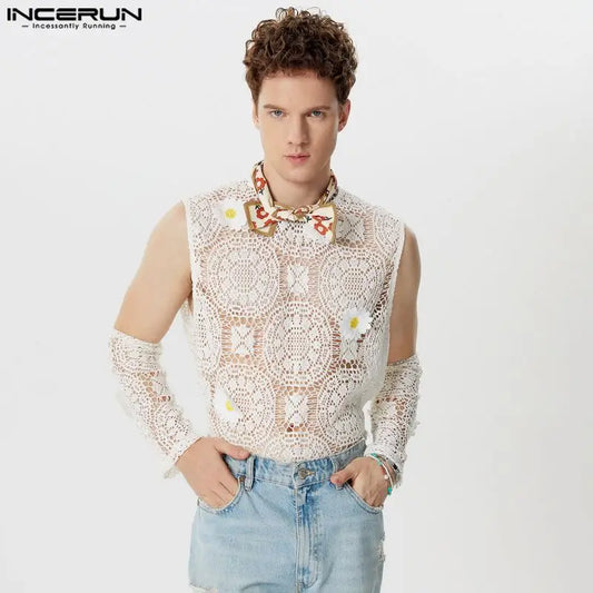 Fashion Casual Style Tops INCERUN New Men Lace See-through Spliced Flower Vests Sexy Well Fitting Cropped O-neck Tank Tops S-5XL