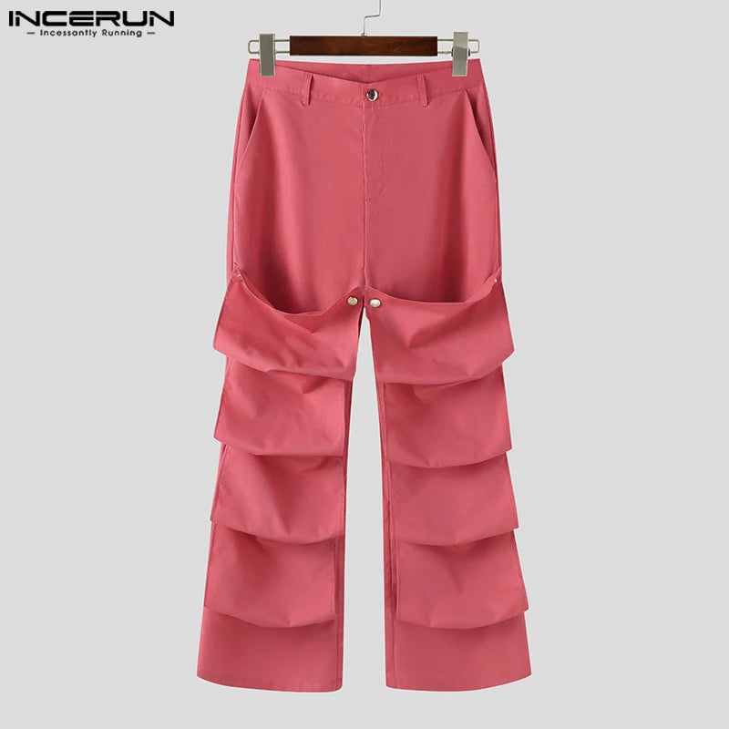 INCERUN 2024 Korean Style Mens Fashion Trousers Casual Clothing Solid Layered Design Pantalons Male Party Shows Long Pants S-5XL