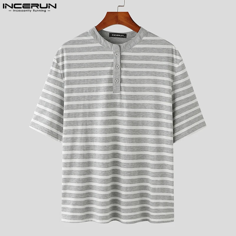 INCERUN Tops 2024 Korean Style Stylish New Men Striped Half Open Design T-shirt Summer Leisure Male Short Sleeved Camiseta S-5XL