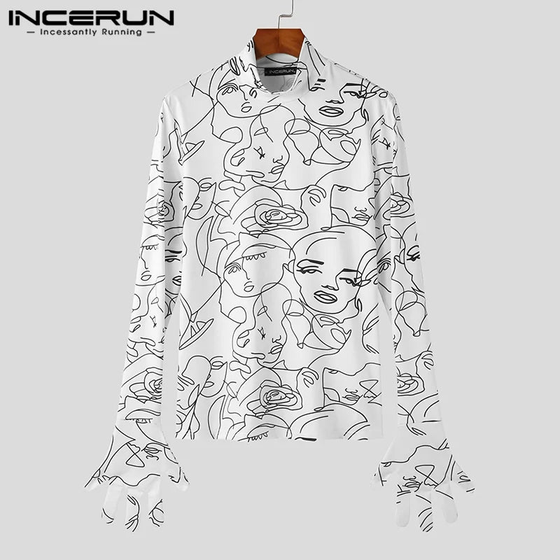 Fashion Personality New Men Tops INCERUN Art Abstract Face Pattern T-shirts Casual Streetwear Thimble Long Sleeve Camiseta S-3XL