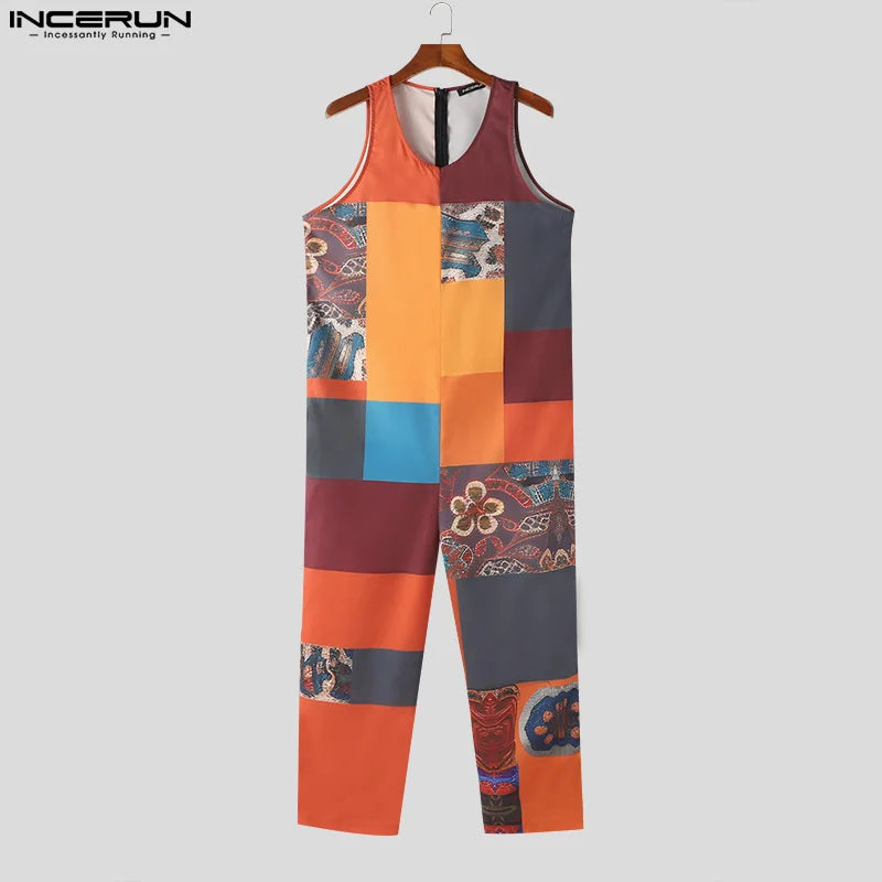 INCERUN 2024 Ethnic Style Rompers Men Printing U-neck Design Jumpsuit Leisure Streetwear Personality Sleeveless Jumpsuits S-5XL