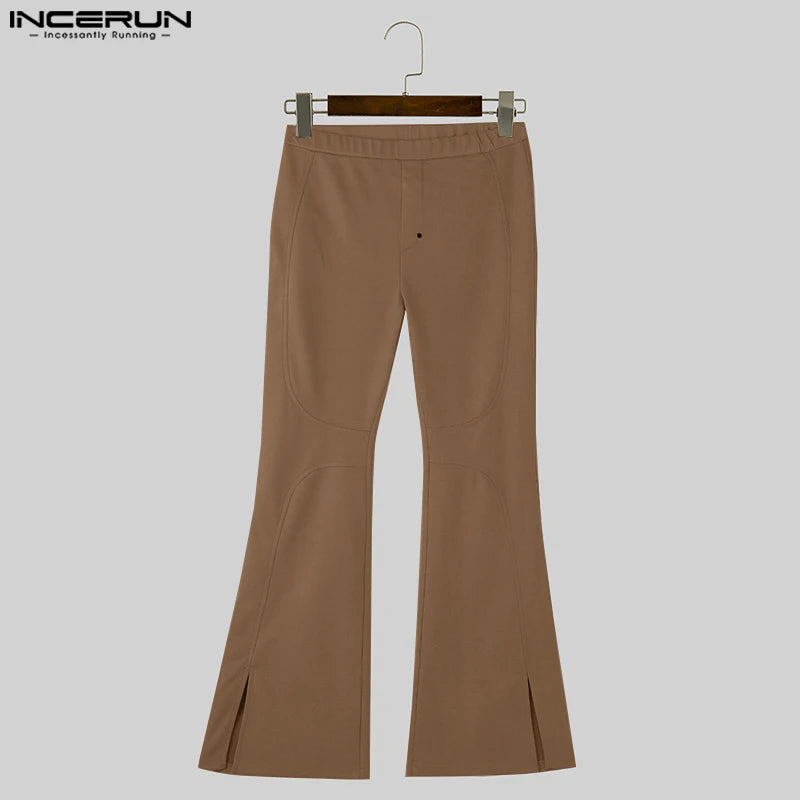 INCERUN 2024 American Style Trousers Stylish Men's Suede Split Pants Leisure Streetwear Personality Solid Color Pantalons S-5XL