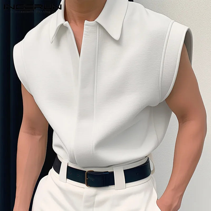 INCERUN Tops 2024 Korean Style New Men Simple All-match Shirts Stylish Streetwear Male Solid Color Lapel Sleeveless Blouse S-5XL