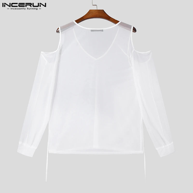 INCERUN Tops 2024 Koreanische Stil Neue Männer der Persönlichkeit Hohl V-ausschnitt T-shirts Mode Sexy Perspektive Langarm Camiseta S-5XL