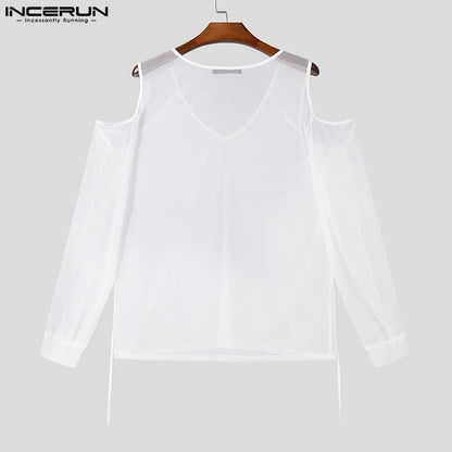 INCERUN Tops 2024 Korean Style New Men's Personality Hollow V-neck T-shirts Fashion Sexy Perspective Long Sleeved Camiseta S-5XL