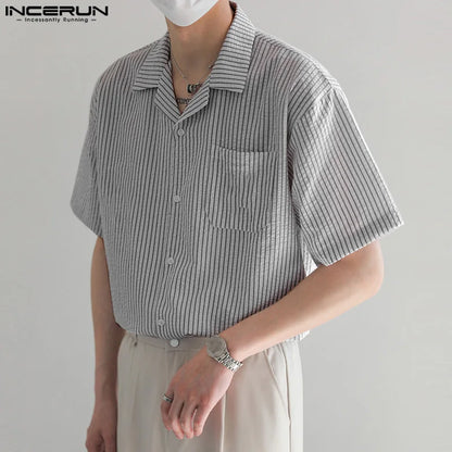 Fashion Casual Simple Style Tops INCERUN 2024 New Men Striped Collar Shirt Streetwear Summer Hot Sale Short Sleeved Blouse S-5XL