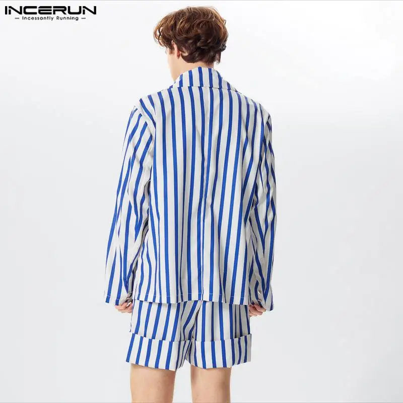 INCERUN 2024 American Style Sets Handsome Men's Fashion Striped Long Sleeved Suit Shorts Casual Streetwear Two-piece Sets S-5XL